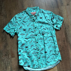 Men's Brooklyn Cloth Casual Button Down Shirt S Teal Black Fish Print
